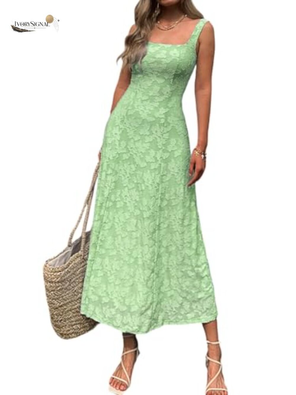 Women's Floral Jacquard Maxi Dress Square Neck Sleeveless A-Line Sundress